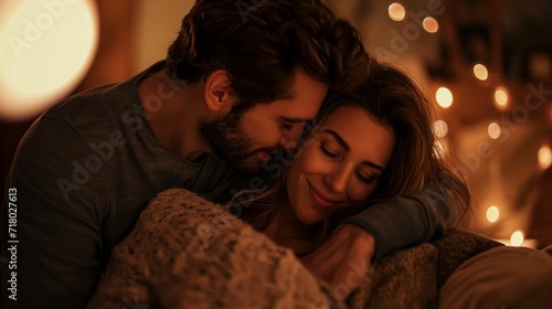 Couple in Love Sharing a Cozy Moment in an Indoor Setting with Soft Lighting: Intimate and Tender, Creating an Emotional and Romantic Atmosphere