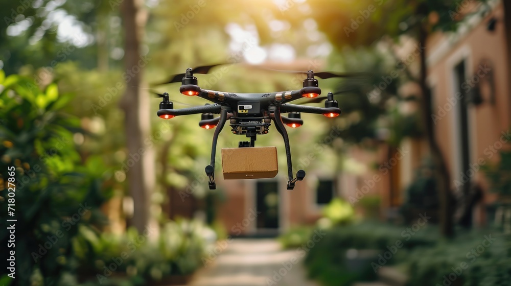 Drone with cardboard box delivering online order Drone with cardboard box delivering online order