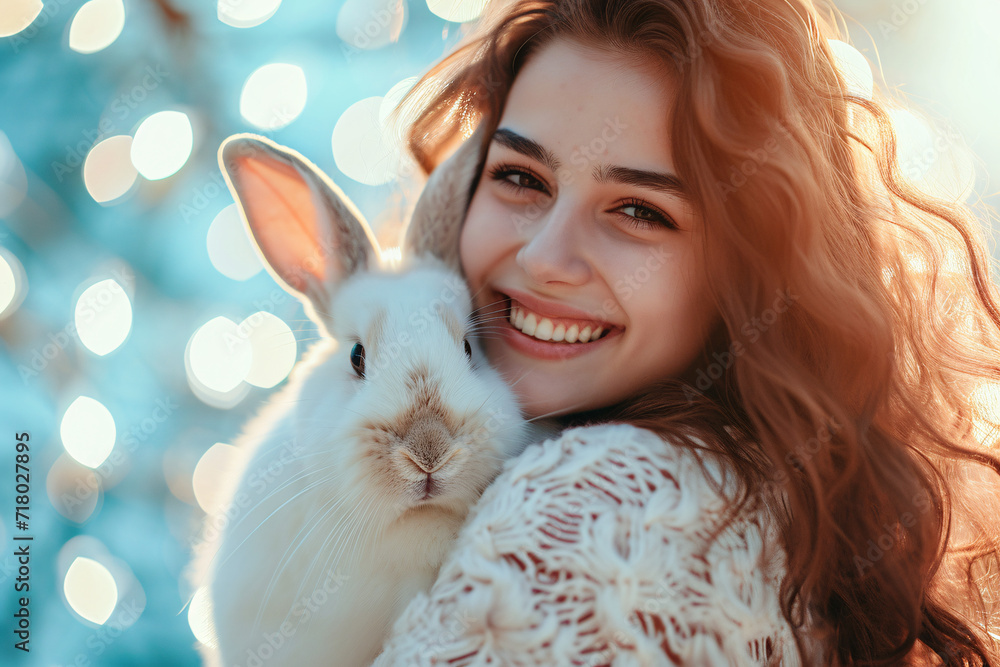 Frau mit kuschligem Hasen, Nahaufnahme mit Bokeh-Hintergrund Frau mit kuschligem Hasen, Nahaufnahme mit Bokeh-Hintergrund