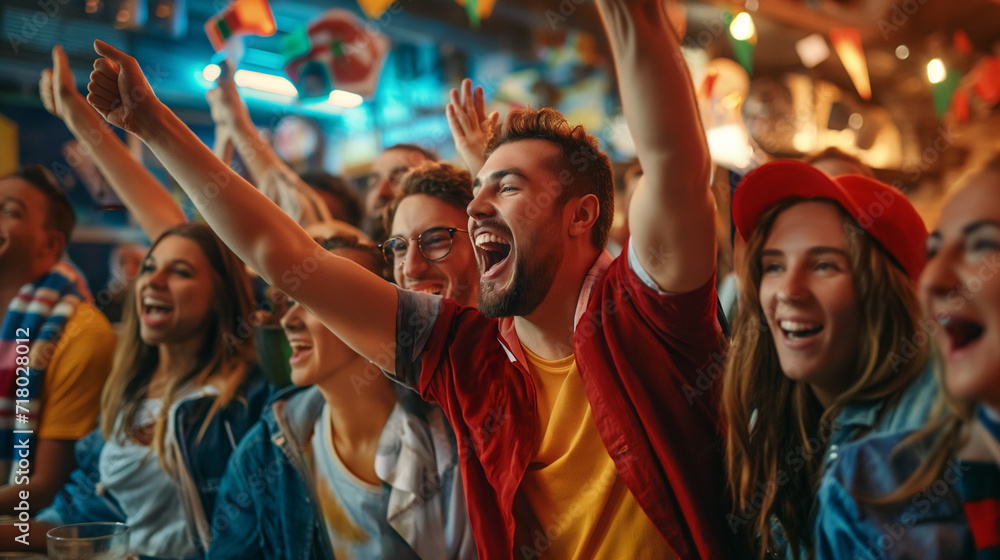 Supporters Celebrating During a Sports Game in a Bar