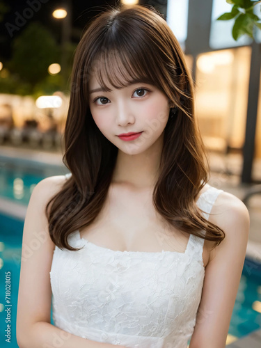 Japanese woman with long hair wearing a white dress and smiling. Generative AI