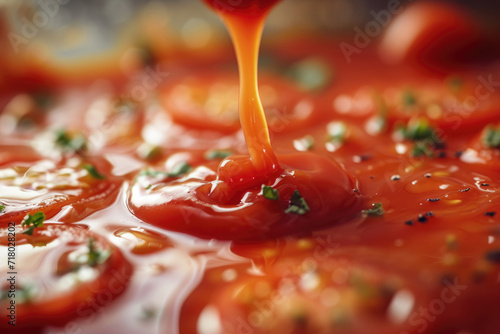 A tantalizing drizzle of tomato ketchup, ready to elevate dishes with its savory allure © Veniamin Kraskov