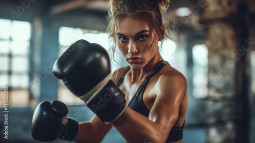 Strength and Determination: High-Quality Image of Female Boxer Training in a Gritty Gym Setting with a Powerful Stance © Tessa