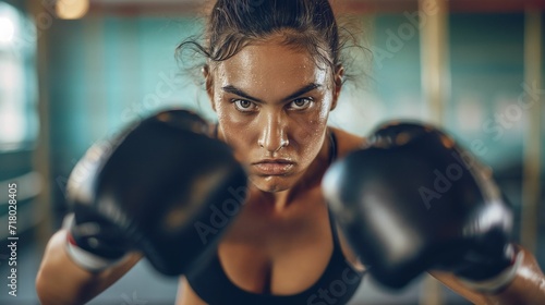 Strength and Determination: High-Quality Image of Female Boxer Training in a Gritty Gym Setting with a Powerful Stance © Tessa