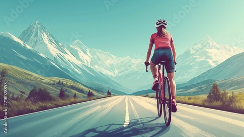 Active Sportswoman Cycling along a Scenic Road, Embracing Dynamic and Adventurous Spirit, Celebrating Fitness and Exploration in Nature's Beauty
