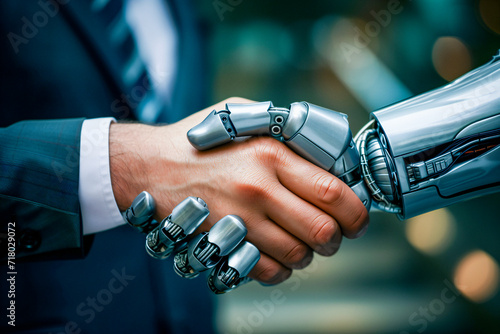 Human and a robot engage in a firm handshake, AI-generated.