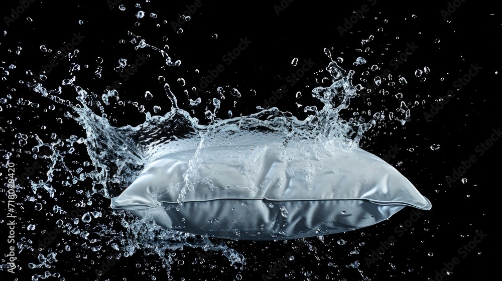 Obraz premium Ergonomic Travel pillow Travel Essential in water splashes on the black background. Horizontal Illustration. Vacation and Holiday. Ai Generated Illustration with Portable Lightweight Travel pillow.