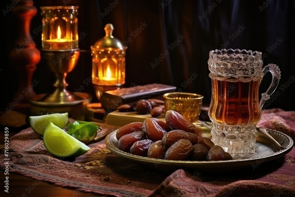 Ifter meal served with fresh drinks, dates and lemons decorated with arabic candle lamp on wooden table. Islamic religion and ramadan concept. Iftar served during the Holy month of Ramadan.
