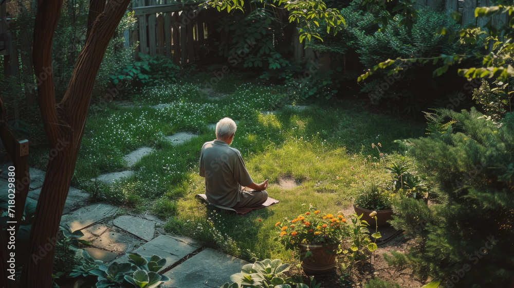 person sitting in a park. senior man meditating at Backyard Garden in the morning. person sitting in a park. senior man meditating at Backyard Garden in the morning.