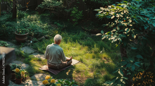 man meditating in a garden. senior man meditating at Backyard Garden in the morning.