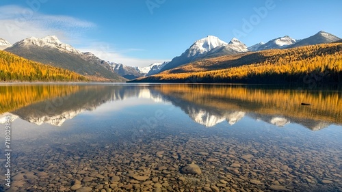 Scenic view of a mountain range reflecting on a tranquil lake on a sunny day