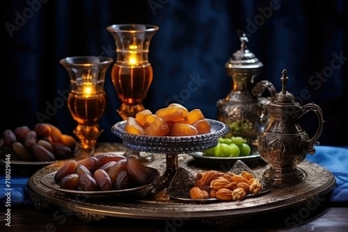 Tabletop image of Ramadan Kareem decoration with dates, fruits, traditional drinks pots and arabian lamp. Ramadan iftar varieties of delicious Saudi Arabian food. iftar and Suhoor.