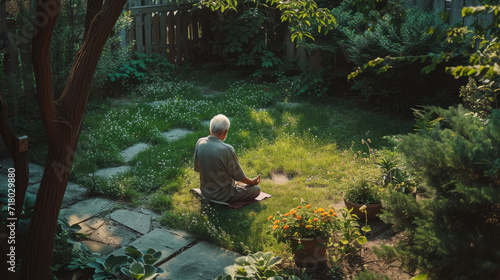 person sitting in a park. senior man meditating at Backyard Garden in the morning.