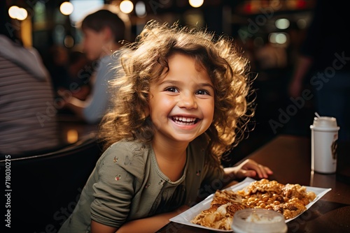 Cute happy little girl eating pizza in fast food cafe