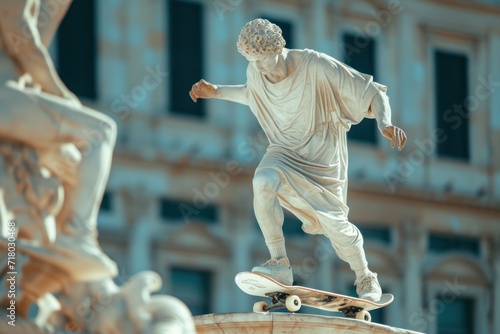 An ancient Greek statue skateboarding in urban environment. Carved from white marble. Funny skateboard
