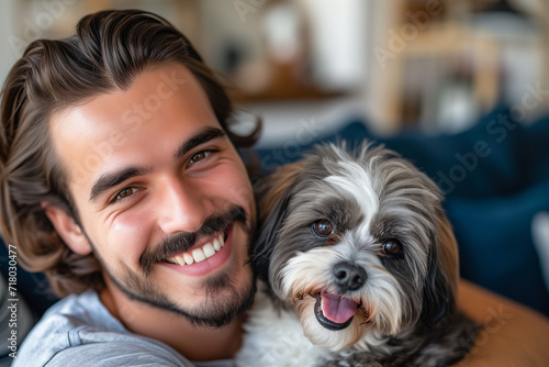 Happy brunette man hugging his shih tzu dog in a living room