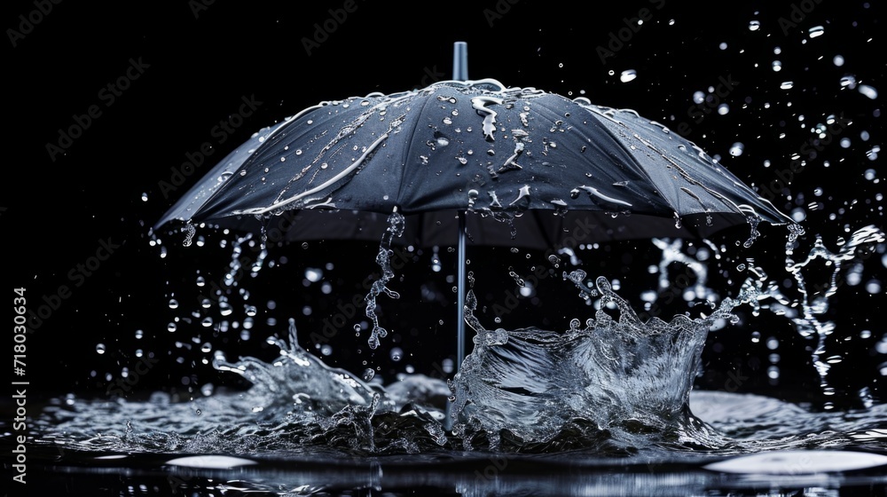 Trendy Umbrella Accessory in water splashes on the black background. Horizontal Illustration. Charming Wardrobe Staple. Ai Generated Illustration with Trendy Elegant Umbrella.