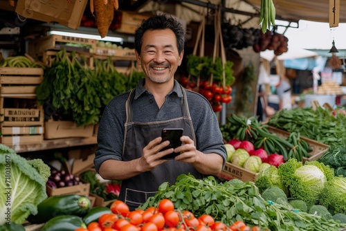 Asian man working as a greengrocer. Generative Ai.