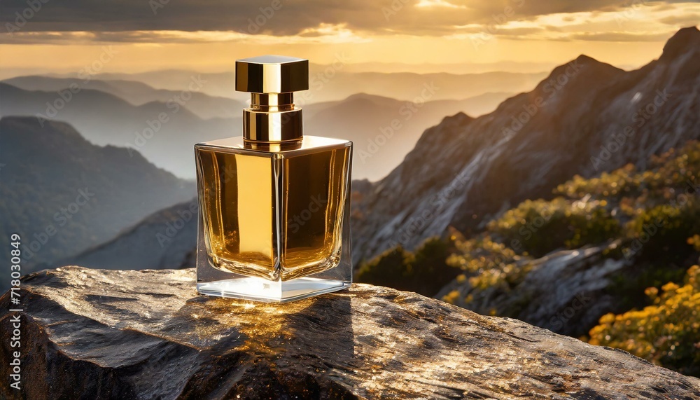 Gilded Elegance: Luxury Gold Perfume Bottle in Golden Hour Glow" - obrazy, fototapety, plakaty 