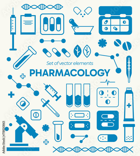 Vector icons of pills, flasks, test tubes, pharmaceutical mortar, microscope, etc. A set of elements of pharmaceutical accessories.