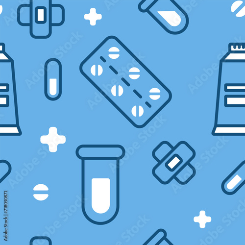 Vector illustration on a blue background. Seamless pattern on a medical theme. Image of patch, test tube, tablets, ointment.