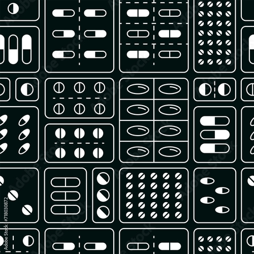Vector pattern on the subject of pharmaceuticals, pharmacies. Image of different types of tablet plates. Illustration on a dark background.