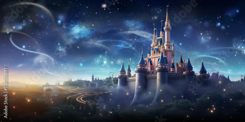 Fairy tale castle in mountains at night. Vector cartoon landscape of fairytale kingdom with rocks, trees and royal palace with towers and glowing windows. 3D style. Cartoon photo