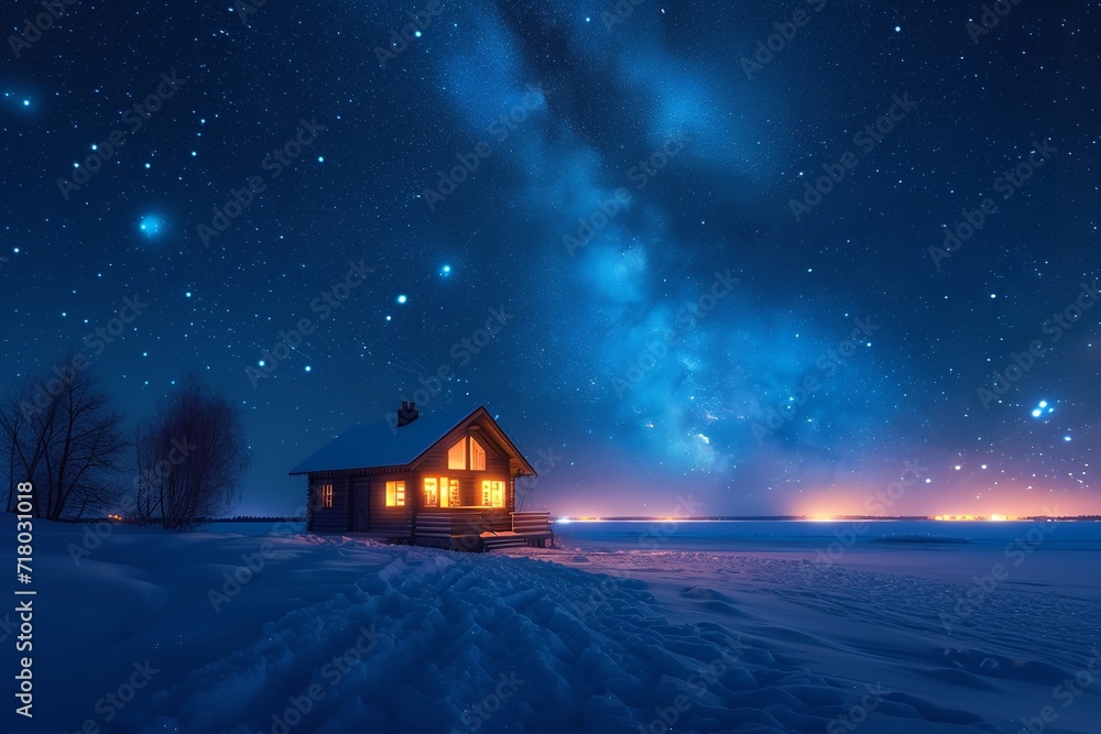 A cottage with the Milky Way in the background at night. Generative Ai.