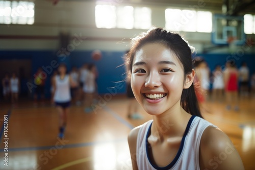 Portrait of cheerful asian girls standing at basketball court turn around looking at camera