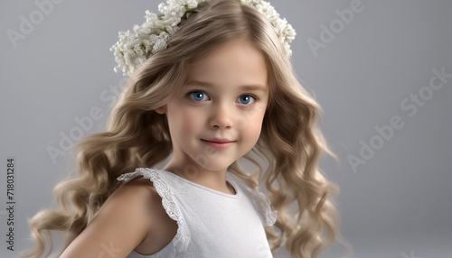 Girl with blue eyes. A little girl with a magical look. Empty smooth background. AI generated