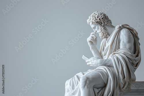An antique ancient Greek statue using a smartphone, casual attire. Carved from white marble. isolated on background photo