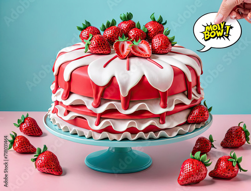 Photorealistic Pop Art: Admiring and Photographing a Strawberry Cake Gen AI photo