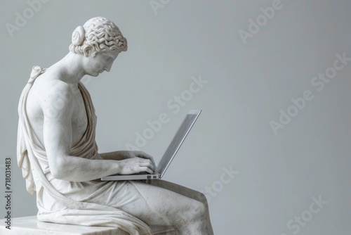 An antique ancient Greek statue working on a laptop in a stylish office. casual attire. Carved from white marble. isolated on background photo