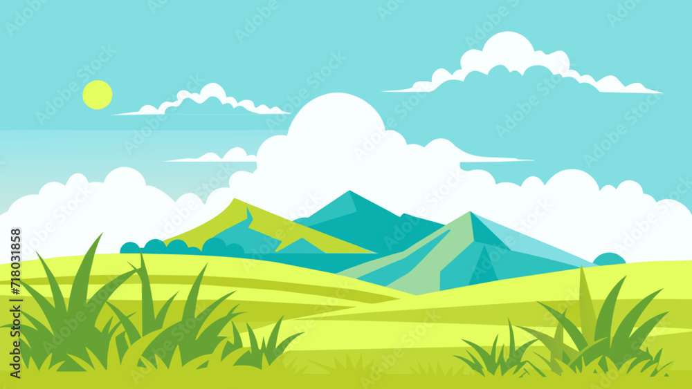 Obraz premium Summer fields, hills landscape, green grass, blue sky with clouds, flat style cartoon painting illustration, background
