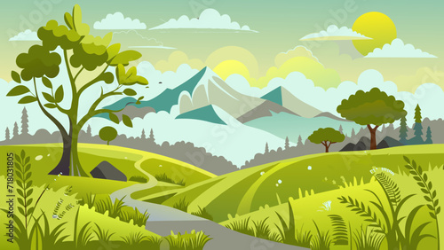 Mountain pathway landscape. Nature background with mountains  hills  summer field or meadow with green grass and sky with clouds. Vector illustration.
