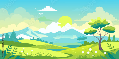 Field or meadow with green grass  flowers and hills. Summer landscape background. Horizon line with blue sky and clouds. Farm and countryside scenery. Vector
