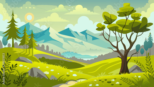 Summer fields, hills landscape, green grass, blue sky with clouds, flat style cartoon painting illustration, vector background