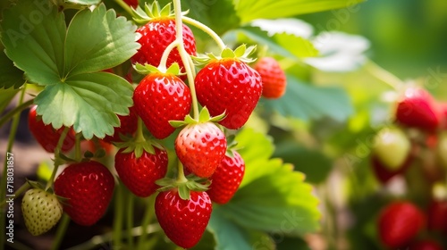 Strawberry bush close up  garden background with copy space