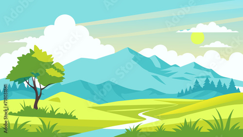 Landscape with green agriculture fields  path and bushes with flowers. Vector cartoon panoramic illustration of summer countryside