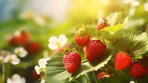 Strawberry bush close up  garden background with copy space