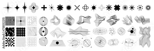 Retro futuristic abstract shapes set, vector cyberpunk grid design element, wave lines, star, sphere. Future digital space wireframe icon kit, techno modern vibrant object poster. Futuristic shapes