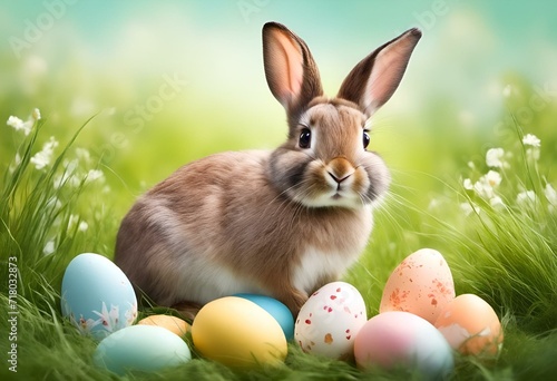 AI generated illustration of an Easter bunny amidst a meadow  surrounded by colorful eggs