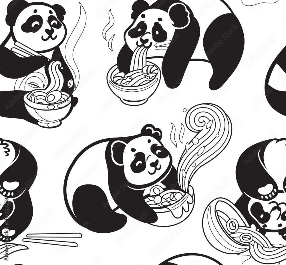 Black and white cute pandas eating ramen noodles. Seamless pattern in vector
