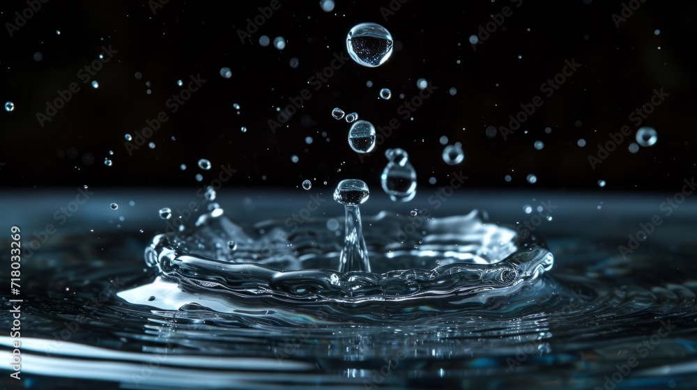 Natural Water drop Ecology Symbol in water splashes on the black background. Horizontal Illustration. Environment and Planet Saving. Ai Generated Illustration with Sustainable Green Water drop. Natural Water drop Ecology Symbol in water splashes on the black background. Horizontal Illustration. Environment and Planet Saving. Ai Generated Illustration with Sustainable Green Water drop.