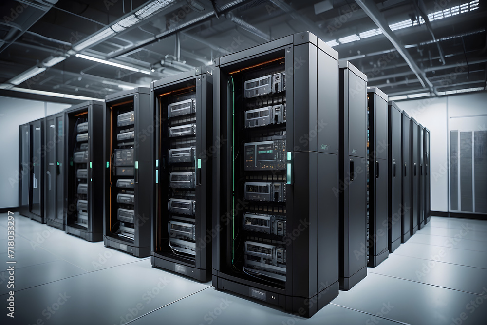 High performance data servers. Ultra high performance servers in data center rack, operating at full load with stability and optimum processing power. Glowing hardware and cables. generate with Ai.