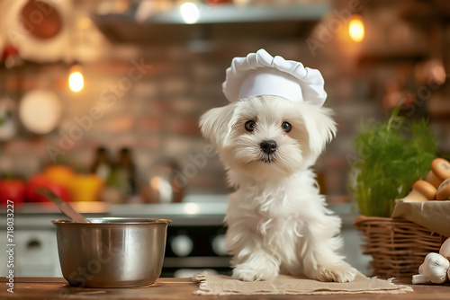 A cute puppy cooking as a chef