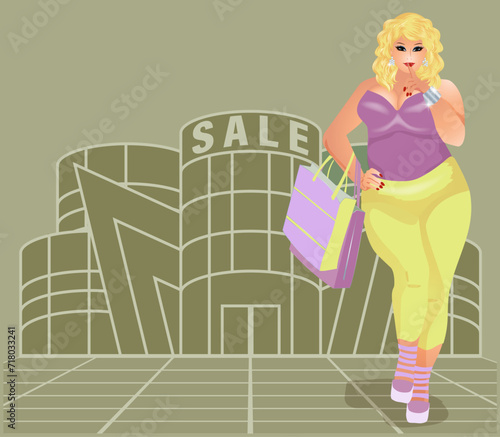 XXL Plus size shopping woman, vector illustration