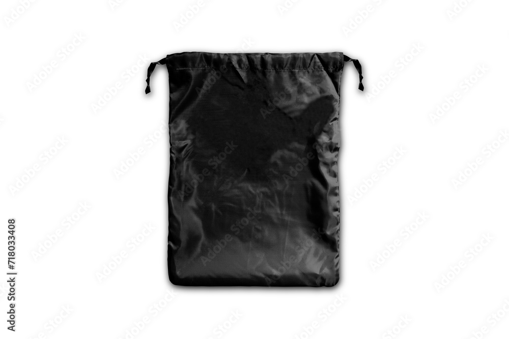 Black drawstring wrinkled bag mockup isolated on background. Fabric cotton small bag. Isolated pouch. 3d rendering. Black drawstring wrinkled bag mockup isolated on background. Fabric cotton small bag. Isolated pouch. 3d rendering.