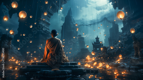 Buddhist monk in meditation. Desktop wallpaper. Template. Magical environment