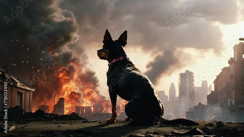 A dog looking at the city destroyed by the war bomb explosion, black smoke with fires in front of it, effect of war,4K animation video.